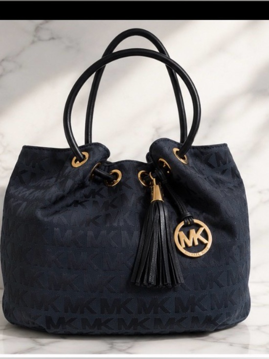 Michael Kors Handbags - Michael Kors Navy MK Signature Tote with Tassel and MK Charm